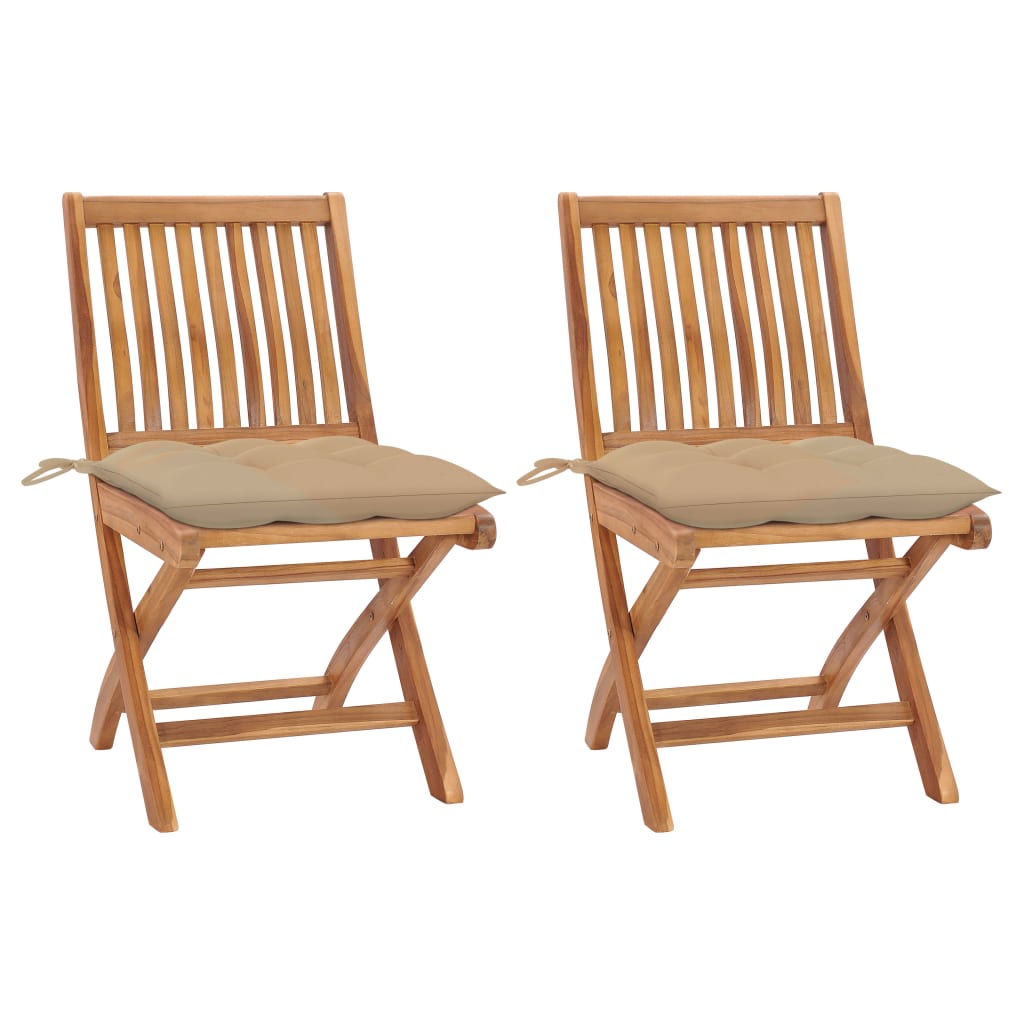 Tuinstoelen 2 st met beige kussens massief teakhout – afbeelding 1