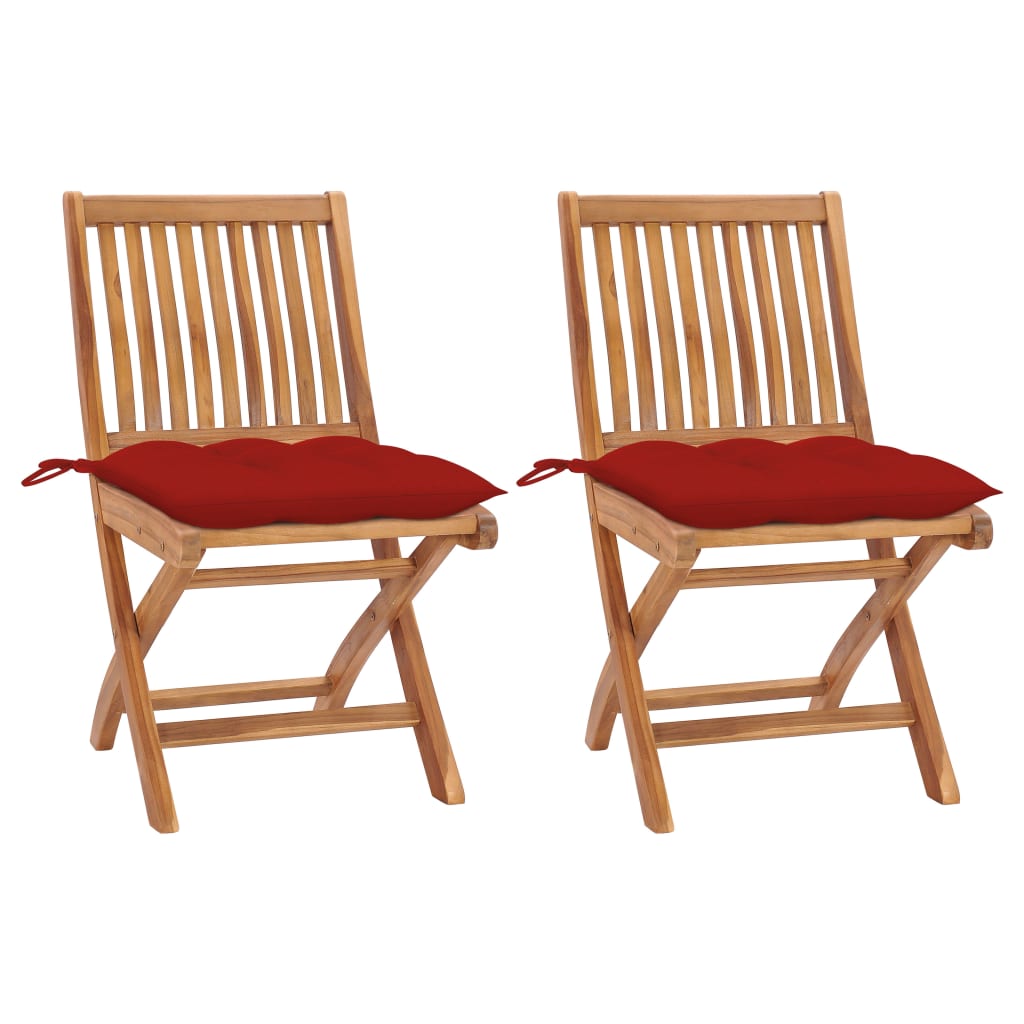 Tuinstoelen 2 st met rode kussens massief teakhout – afbeelding 1