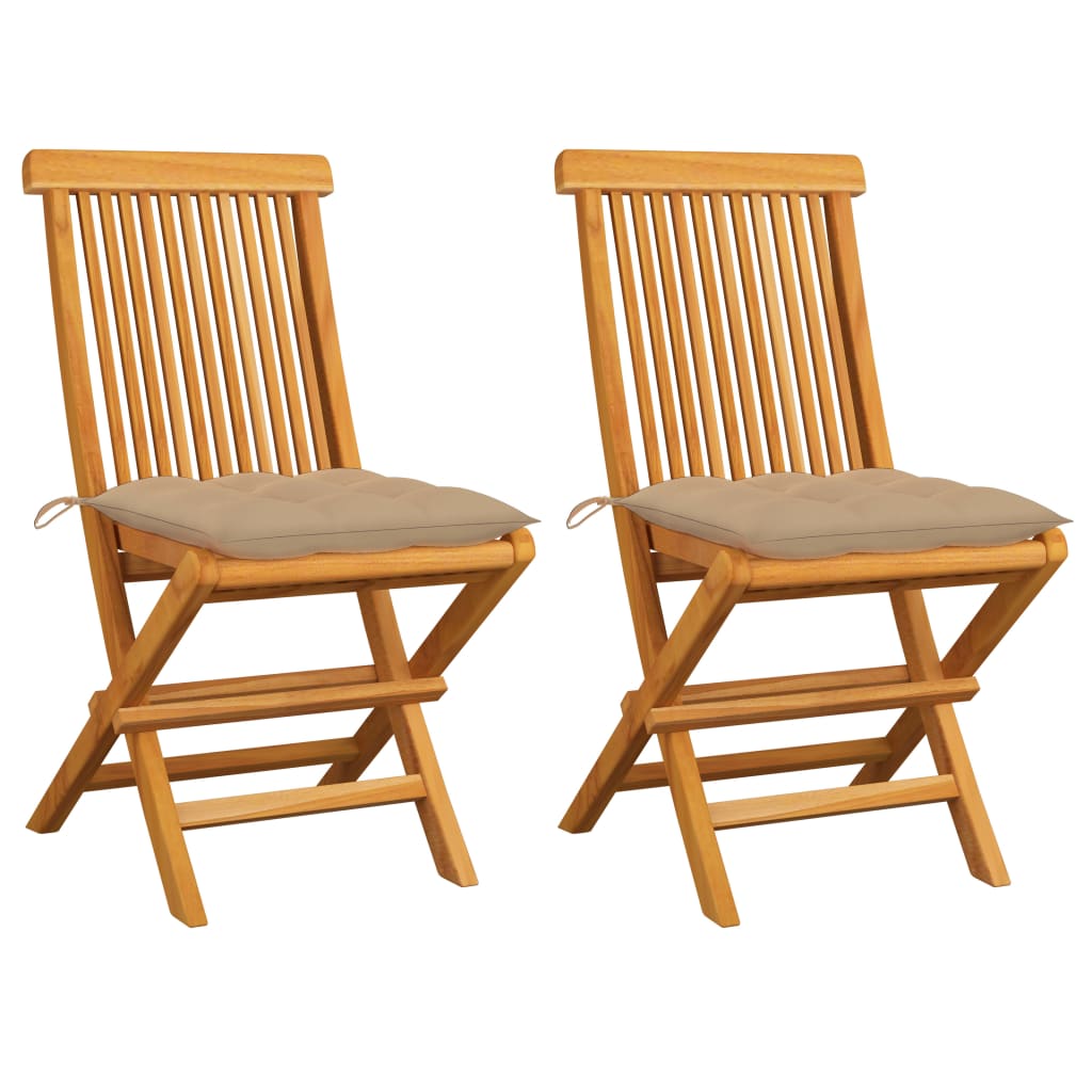 Tuinstoelen 2 st met beige kussens massief teakhout – afbeelding 1