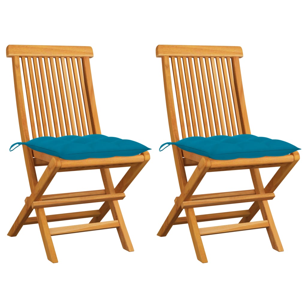 Tuinstoelen 2 st met lichtblauwe kussens massief teakhout – afbeelding 1