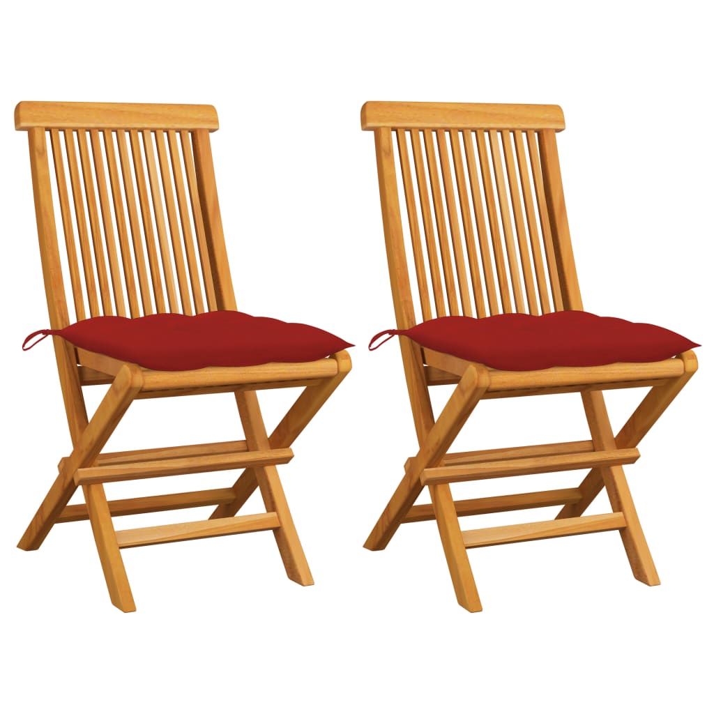 Tuinstoelen 2 st met rode kussens massief teakhout – afbeelding 1