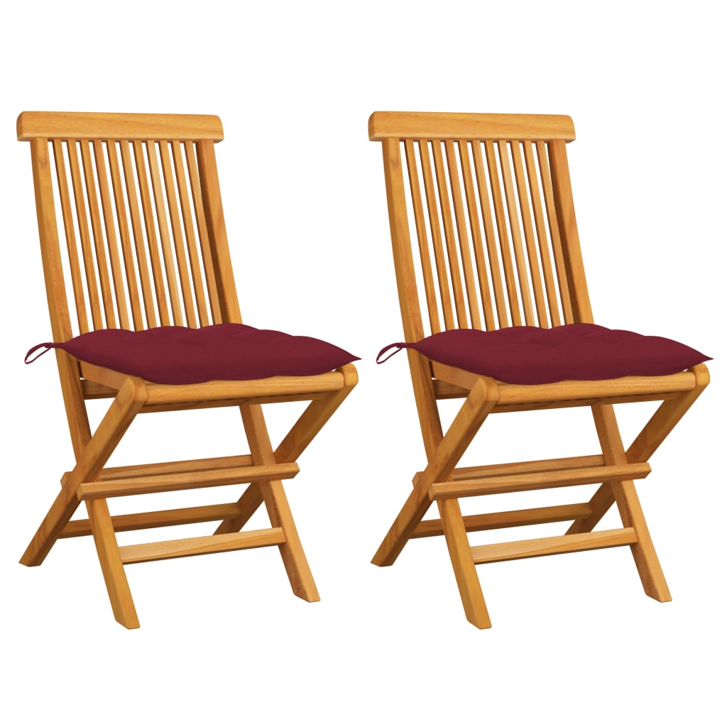Tuinstoelen 2 st met wijnrode kussens massief teakhout – afbeelding 1