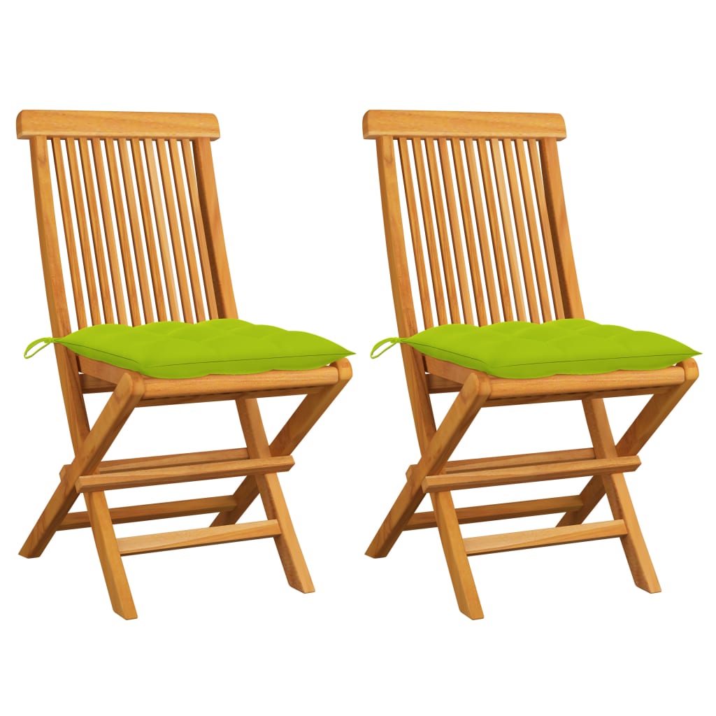 Tuinstoelen 2 st met heldergroene kussens massief teakhout – afbeelding 1