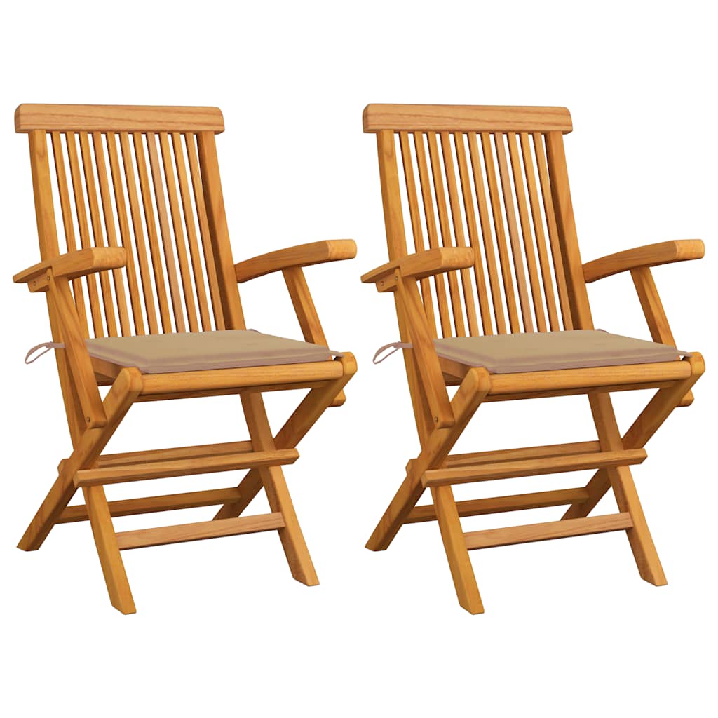 Tuinstoelen 2 st met beige kussens massief teakhout – afbeelding 1