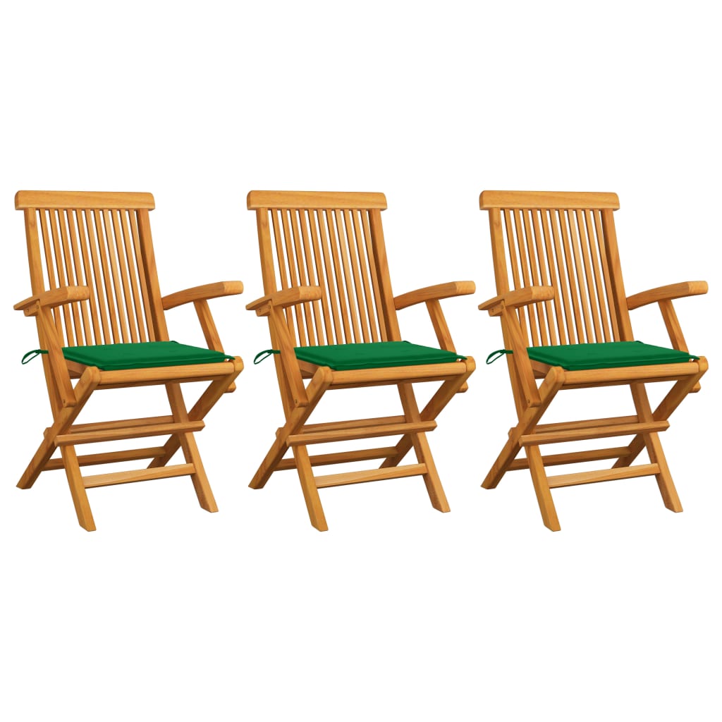 Tuinstoelen 3 st met groene kussens massief teakhout
