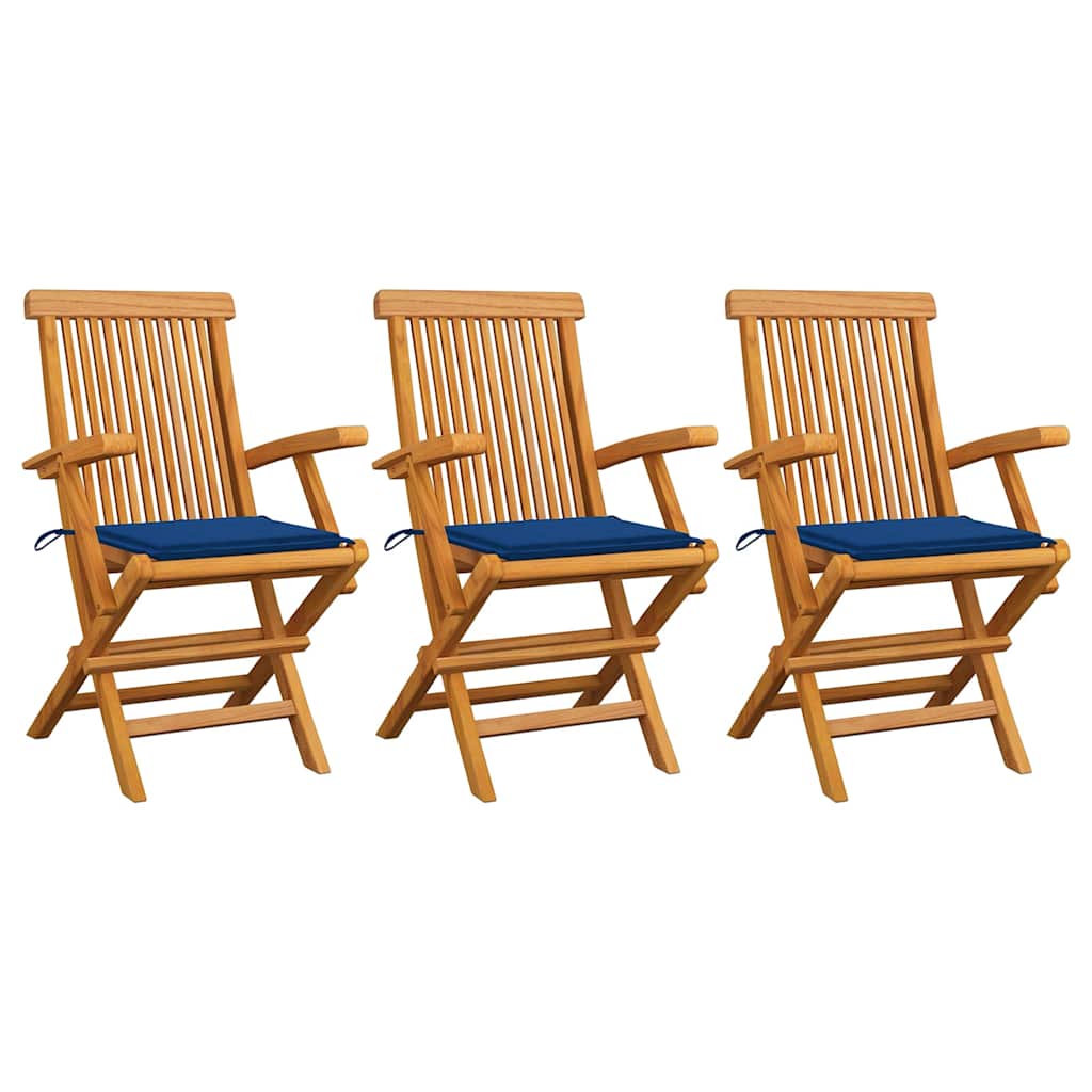 Tuinstoelen 3 st met koningsblauwe kussens massief teakhout