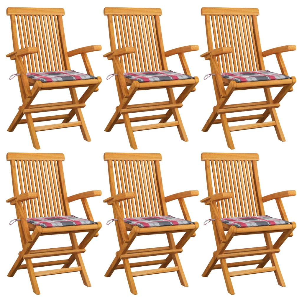 Tuinstoelen 6 st met rood geruite kussens massief teakhout – afbeelding 1