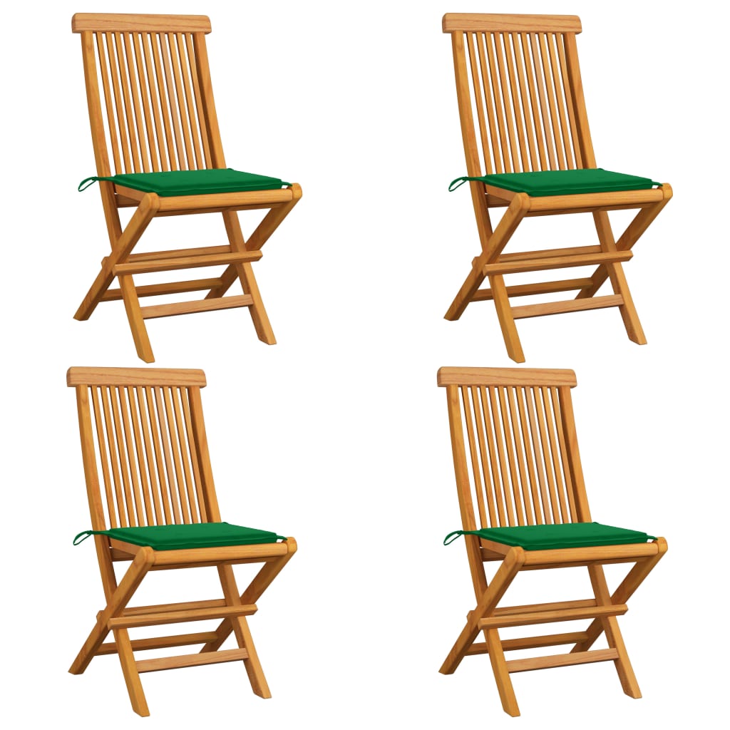 Tuinstoelen 4 st met groene kussens massief teakhout – afbeelding 1