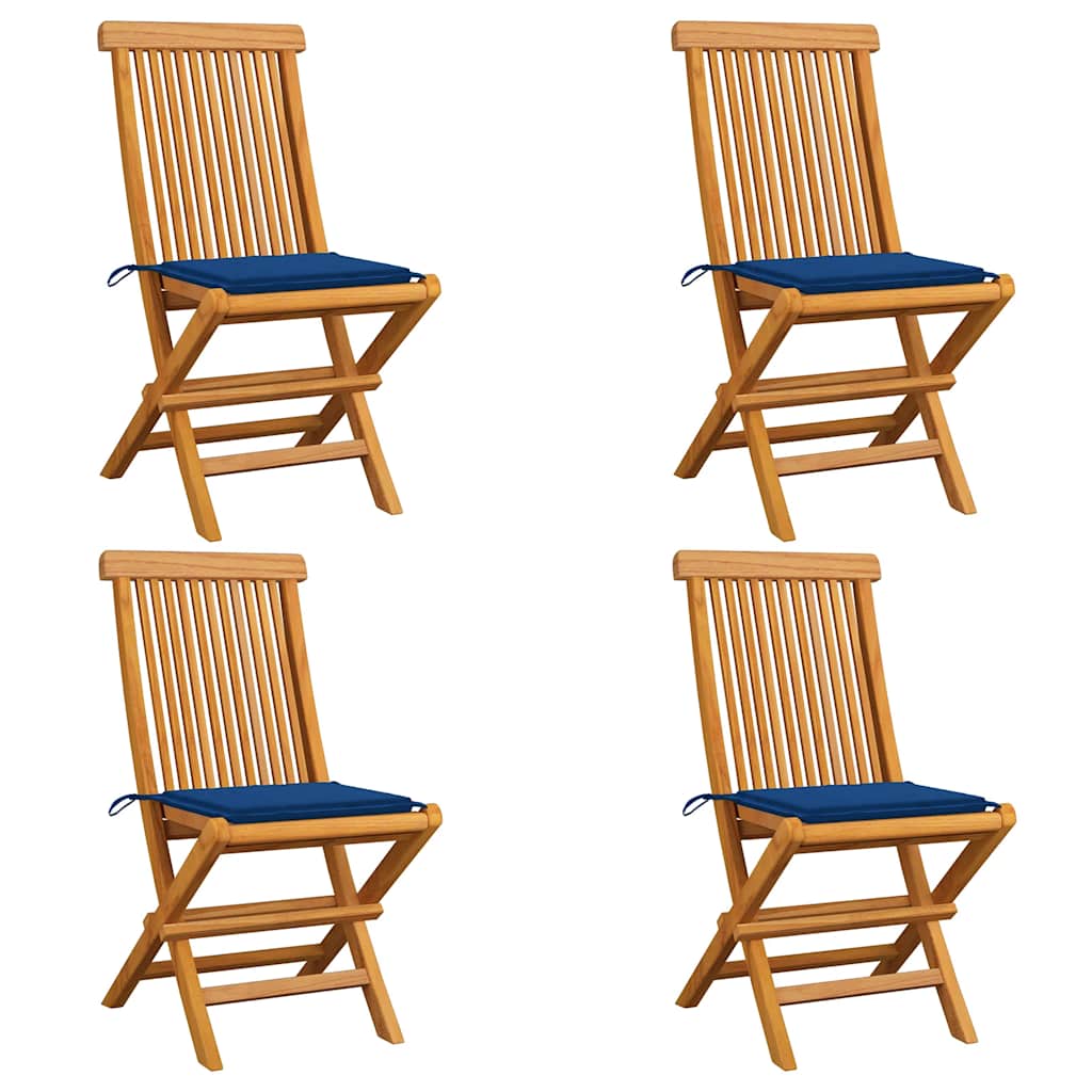 Tuinstoelen 4 st met koningsblauwe kussens massief teakhout – afbeelding 1