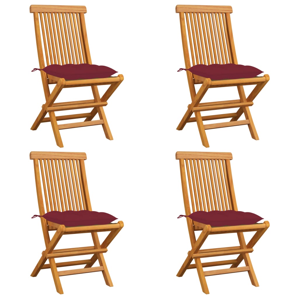 Tuinstoelen 4 st met wijnrode kussens massief teakhout – afbeelding 1