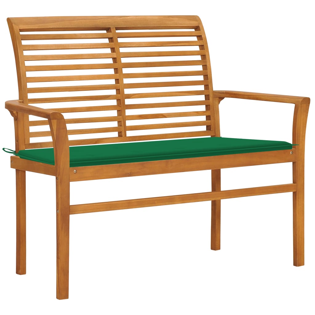 Tuinbank met groen kussen 112 cm massief teakhout – afbeelding 1