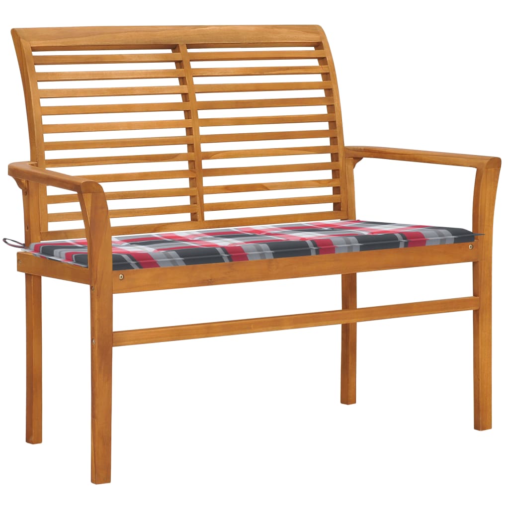 Tuinbank met rood geruit kussen 112 cm massief teakhout – afbeelding 1