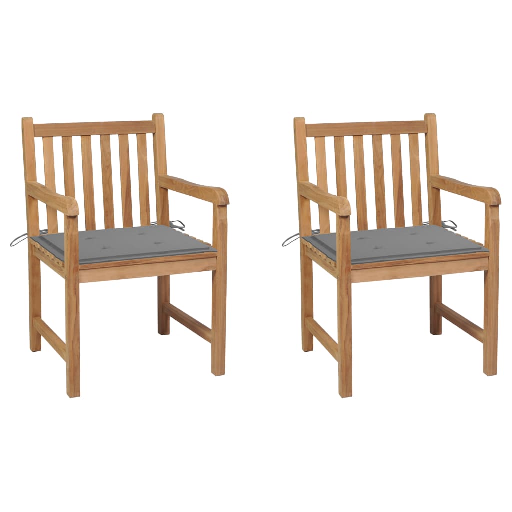 Tuinstoelen 2 st met grijze kussens massief teakhout – afbeelding 1