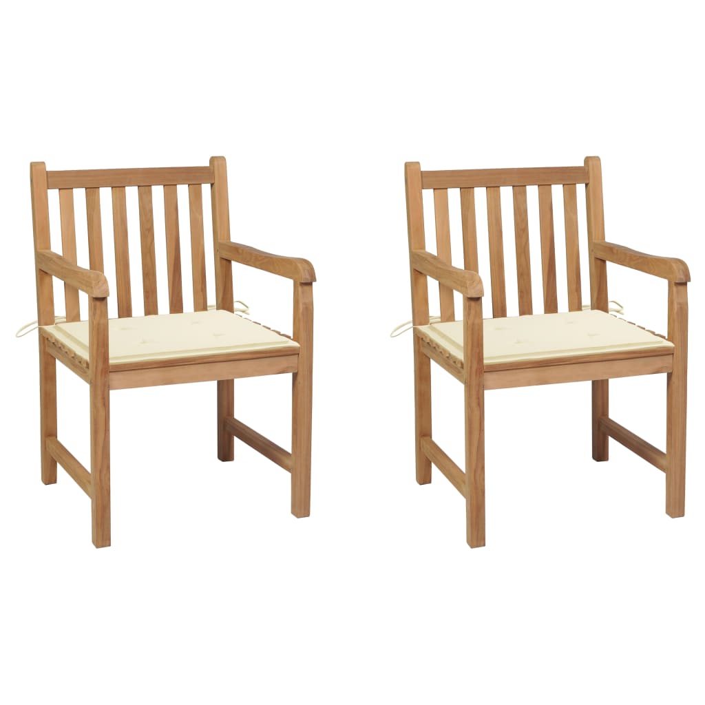 Tuinstoelen 2 st met crèmekleurige kussens massief teakhout – afbeelding 1