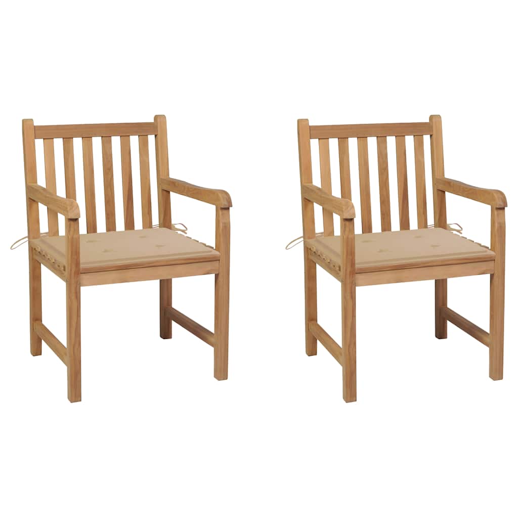 Tuinstoelen 2 st met beige kussens massief teakhout – afbeelding 1