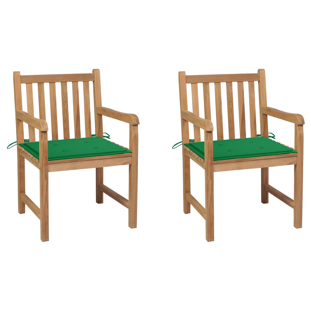 Tuinstoelen 2 st met groene kussens massief teakhout