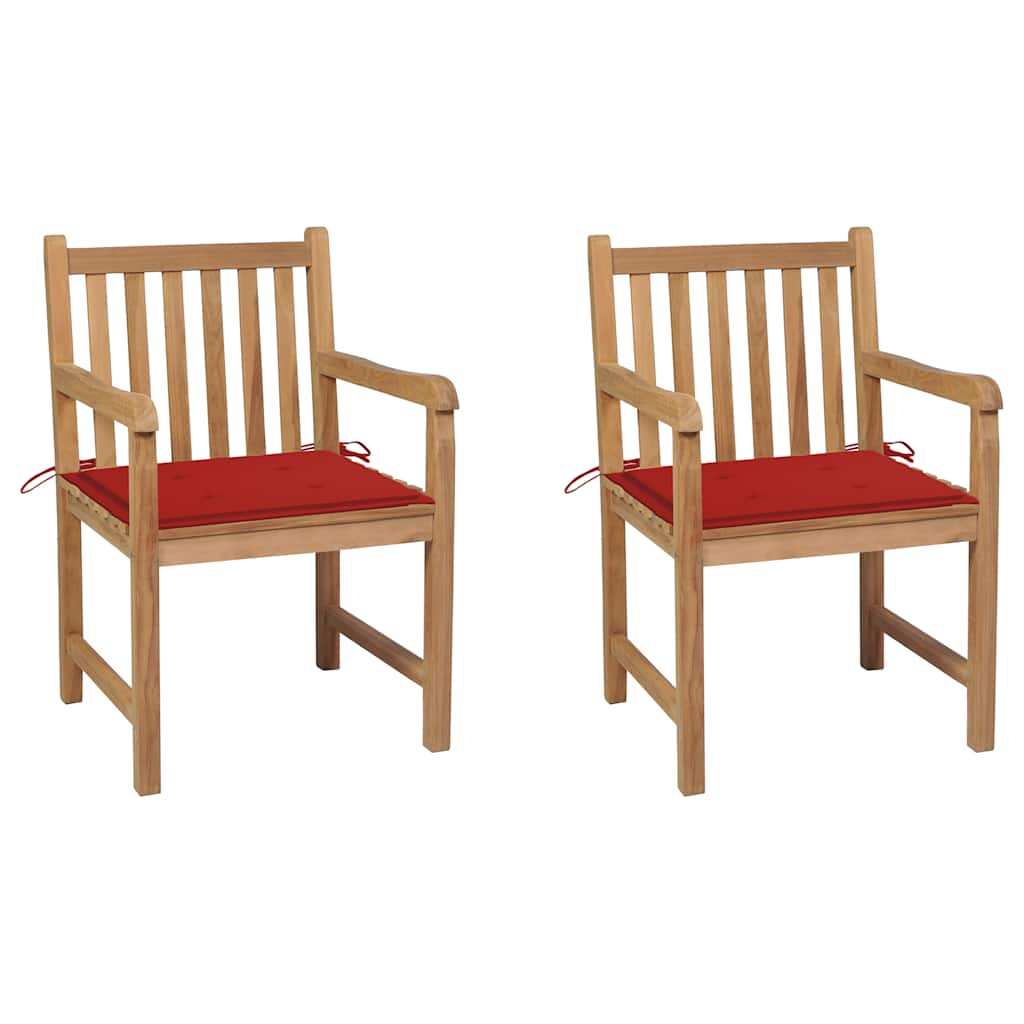 Tuinstoelen 2 st met rode kussens massief teakhout – afbeelding 1