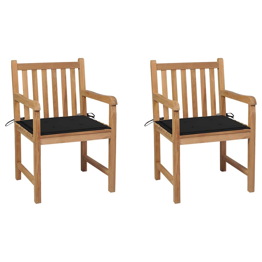 Tuinstoelen 2 st met zwarte kussens massief teakhout – afbeelding 1