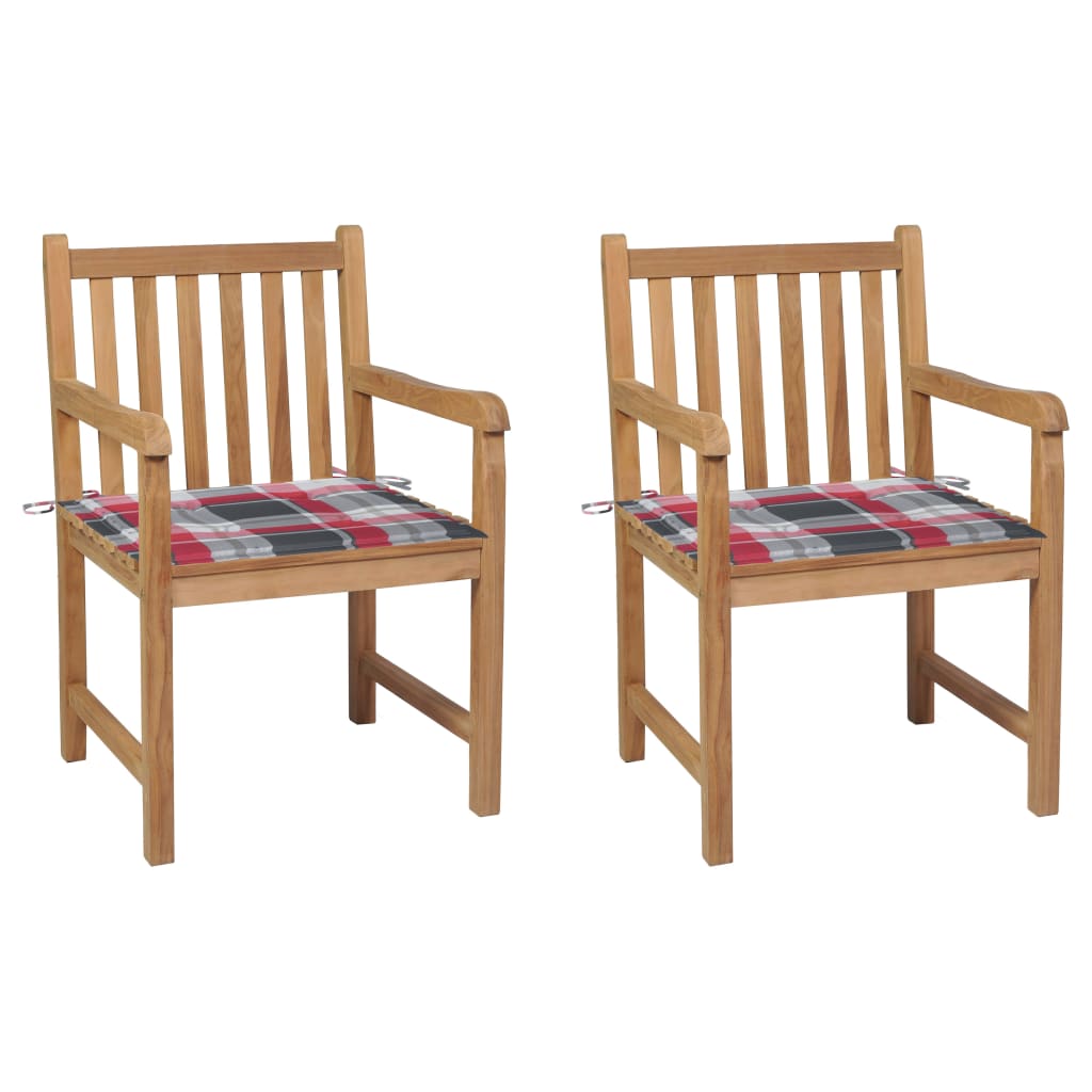 Tuinstoelen 2 st met rood geruite kussens massief teakhout – afbeelding 1