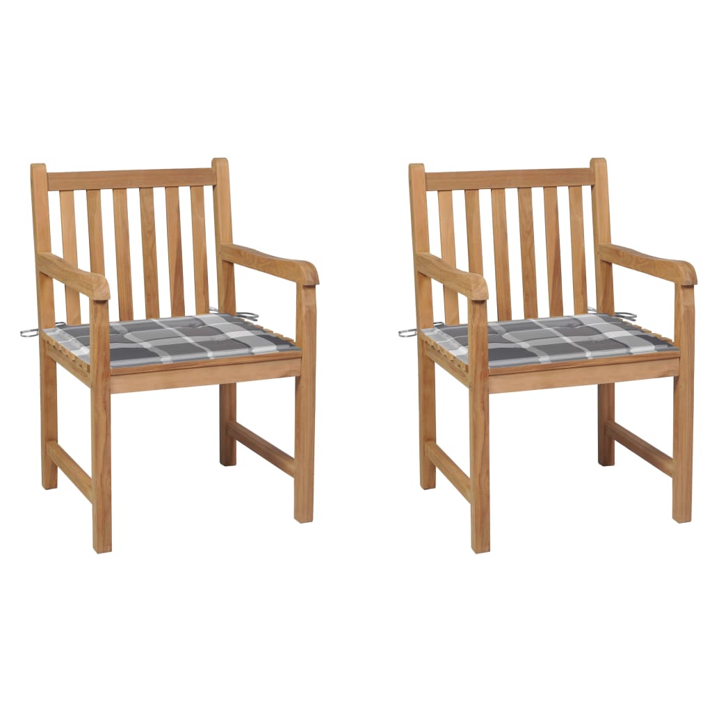 Tuinstoelen 2 st met grijs geruite kussens massief teakhout – afbeelding 1