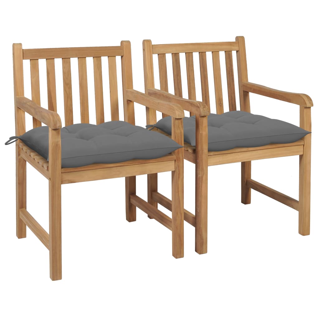 Tuinstoelen 2 st met grijze kussens massief teakhout