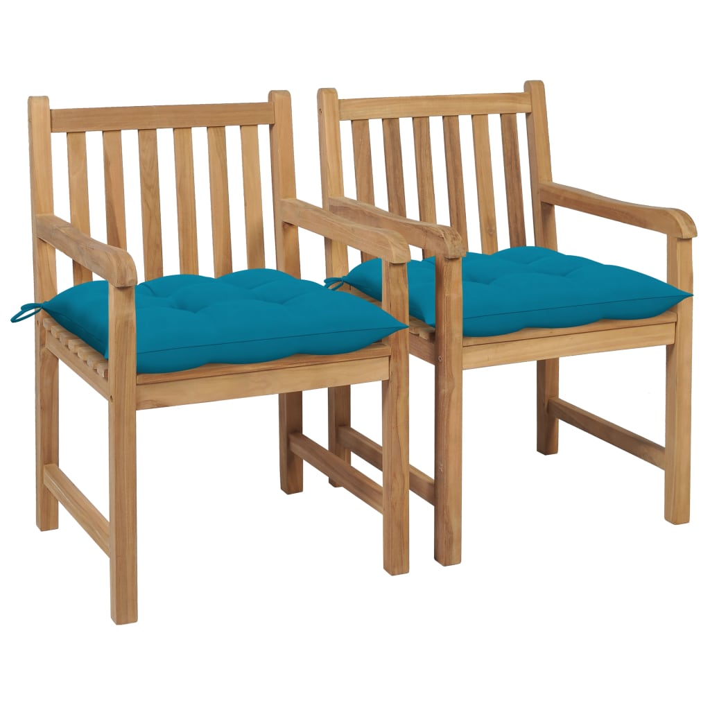 Tuinstoelen 2 st met lichtblauwe kussens massief teakhout – afbeelding 1