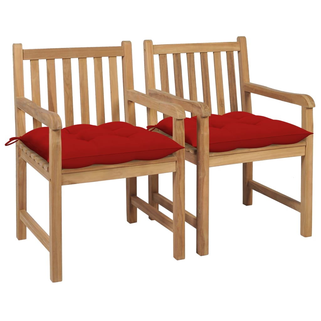 Tuinstoelen 2 st met rode kussens massief teakhout – afbeelding 1