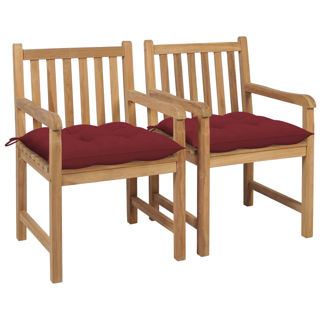 Tuinstoelen 2 st met wijnrode kussens massief teakhout