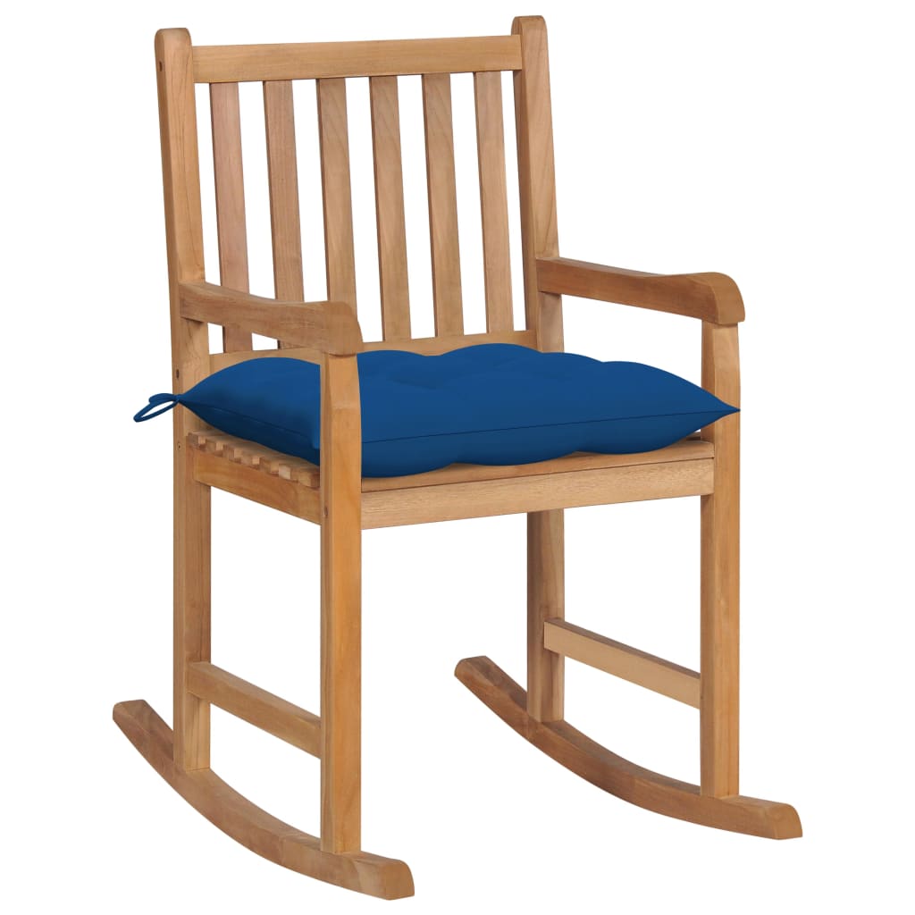 Schommelstoel met blauw kussen massief teakhout – afbeelding 1