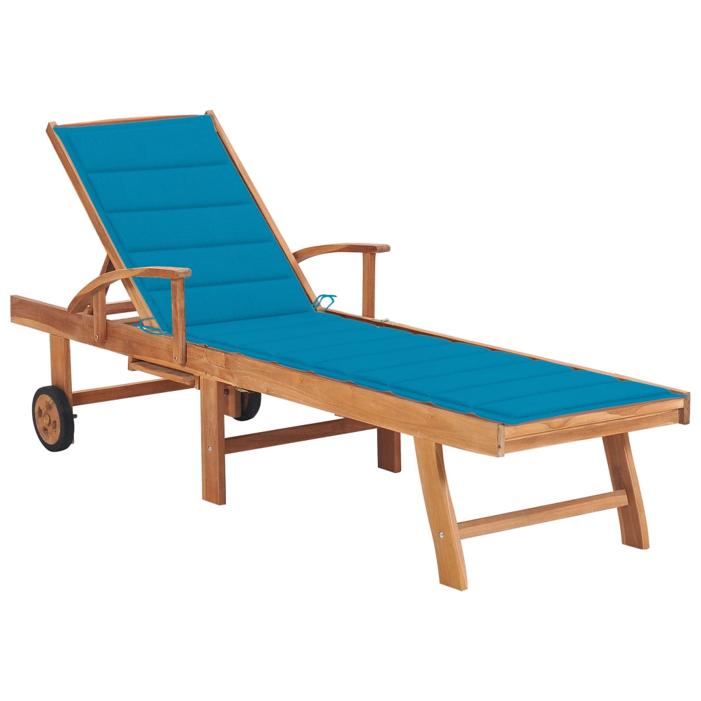 Ligbed met blauw kussen massief teakhout