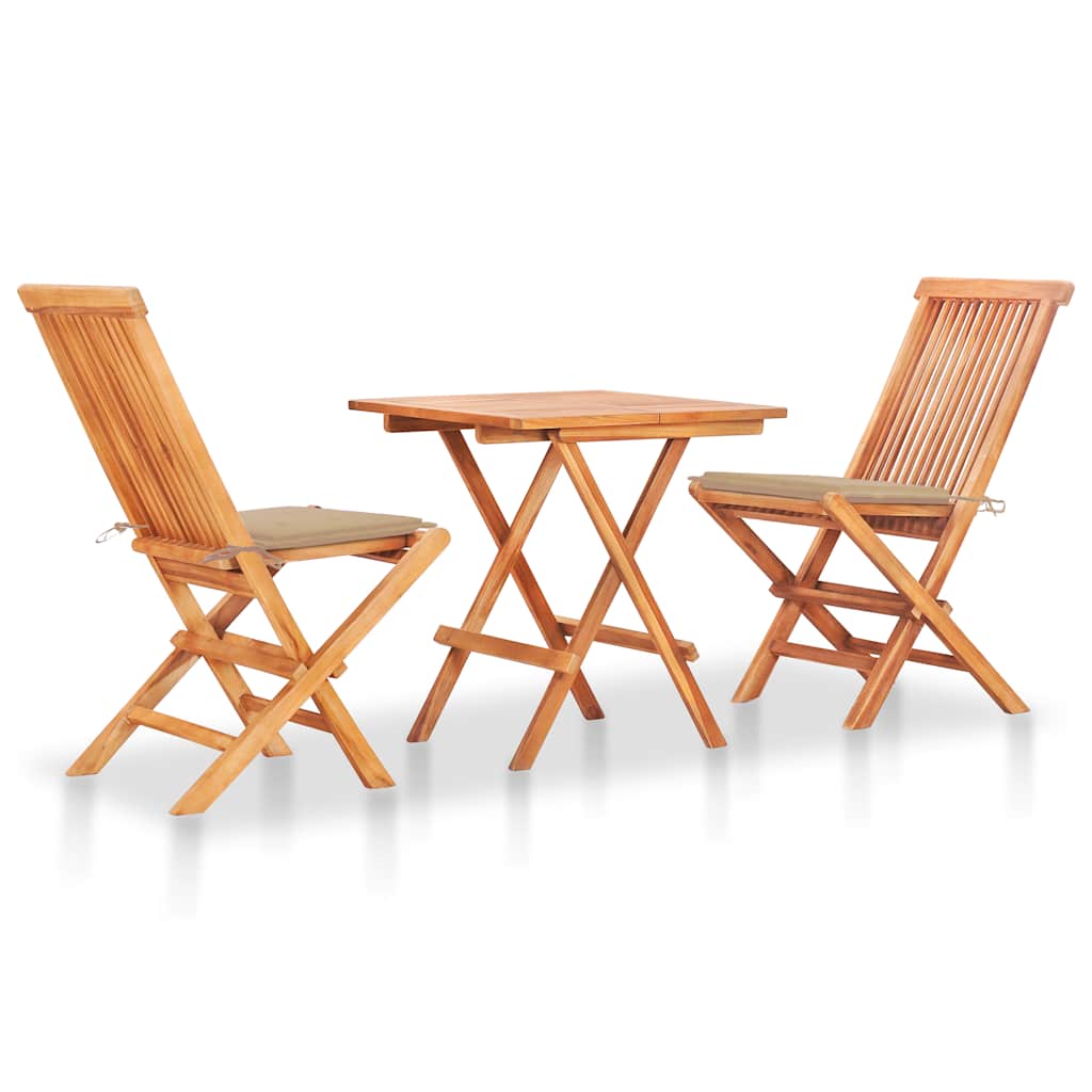 3-delige Bistroset met beige kussens massief teakhout – afbeelding 1