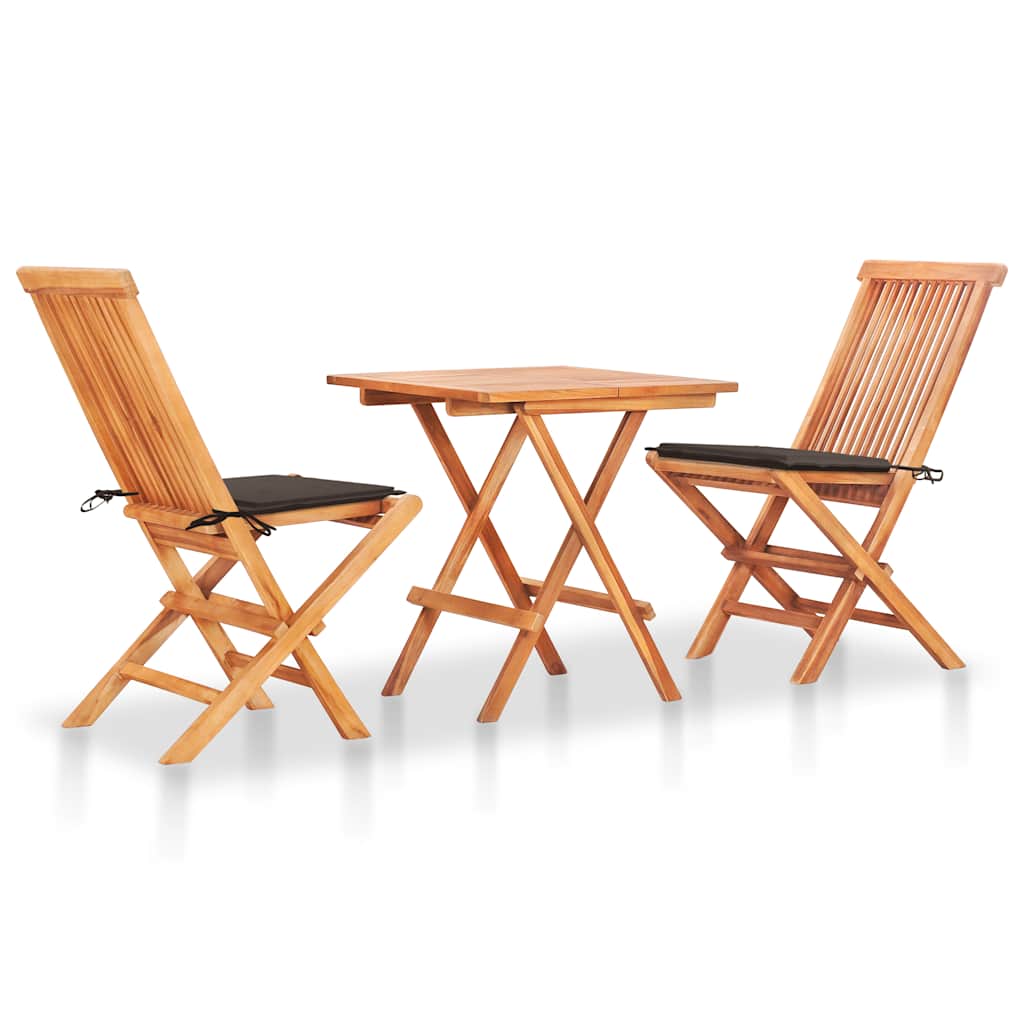 3-delige Bistroset met taupe kussens massief teakhout – afbeelding 1