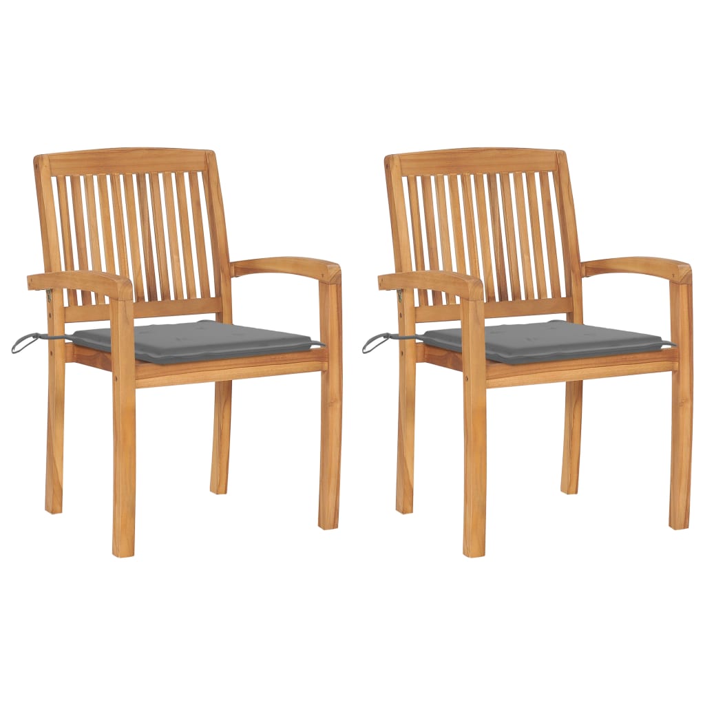 Tuinstoelen 2 st met grijze kussens massief teakhout – afbeelding 1