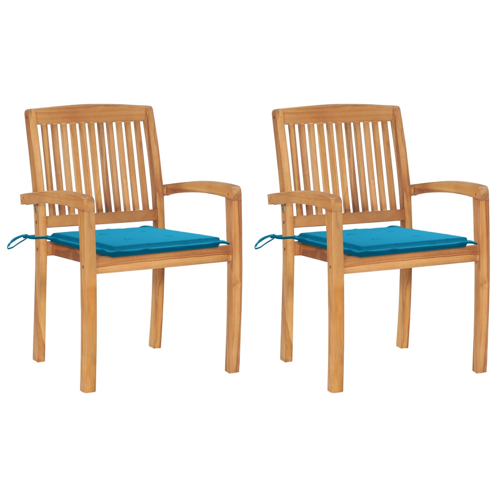 Tuinstoelen 2 st met blauwe kussens massief teakhout