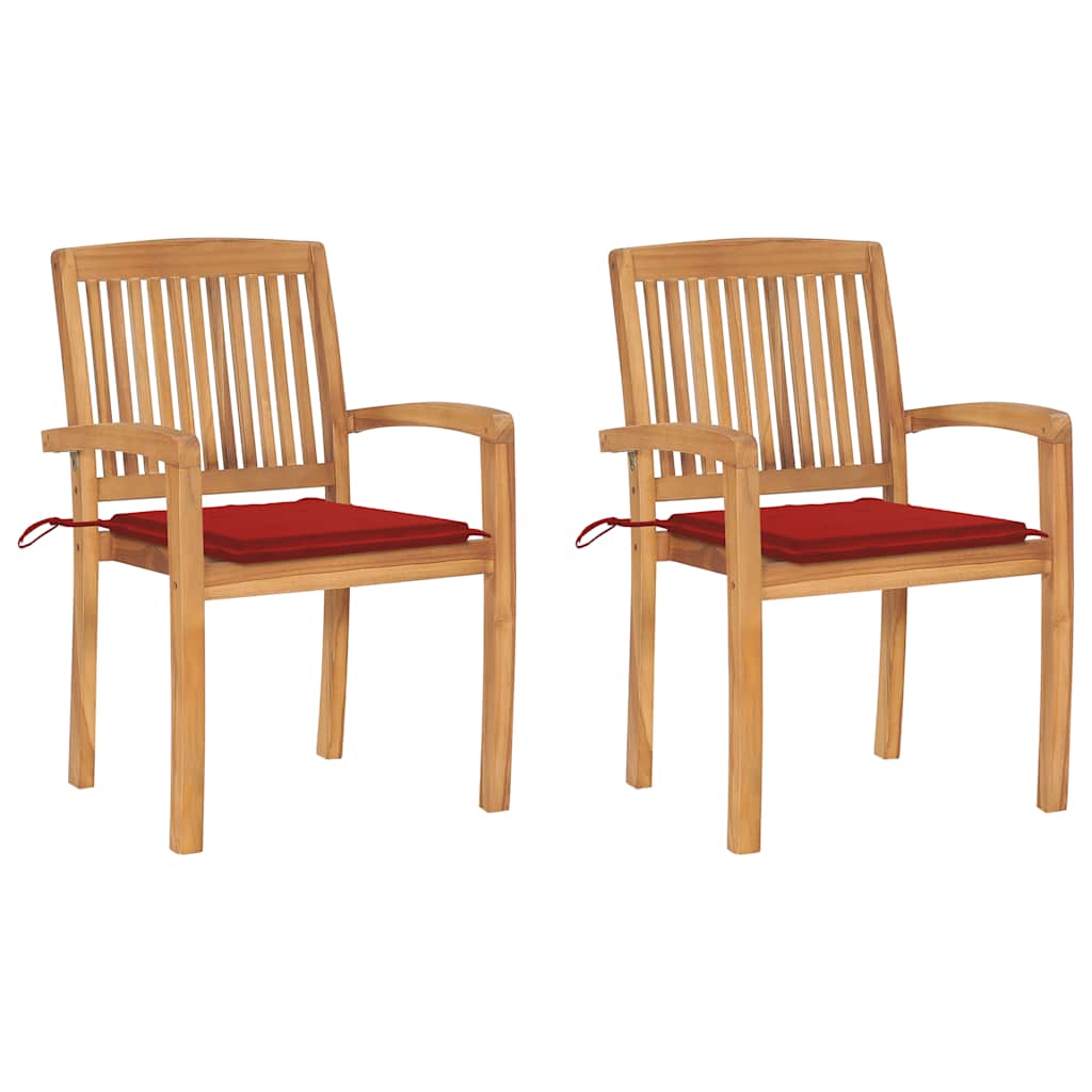 Tuinstoelen 2 st met rode kussens massief teakhout – afbeelding 1