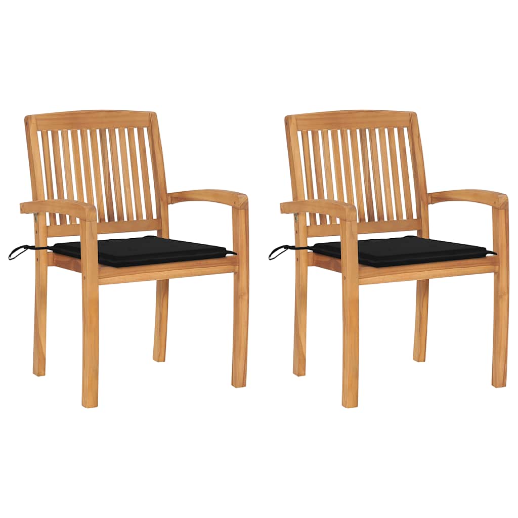 Tuinstoelen 2 st met zwarte kussens massief teakhout – afbeelding 1