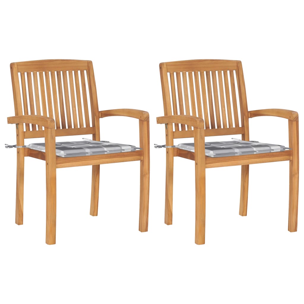 Tuinstoelen 2 st met grijs geruite kussens massief teakhout