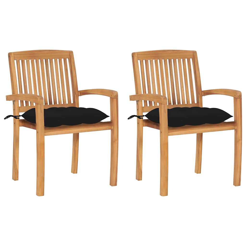 Tuinstoelen 2 st met zwarte kussens massief teakhout – afbeelding 1
