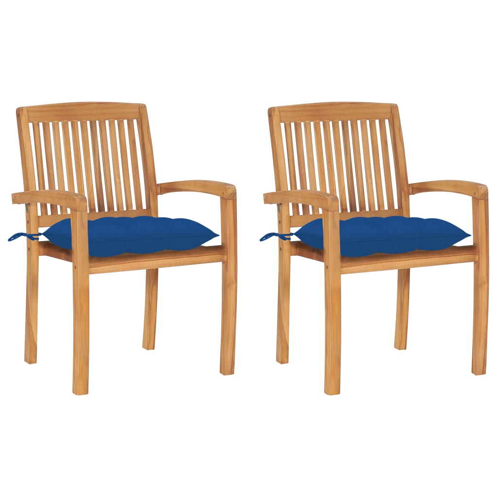 Tuinstoelen 2 st met blauwe kussens massief teakhout – afbeelding 1