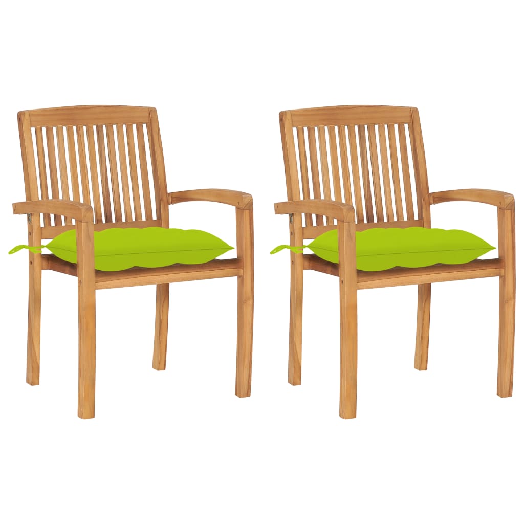 Tuinstoelen 2 st met heldergroene kussens massief teakhout – afbeelding 1