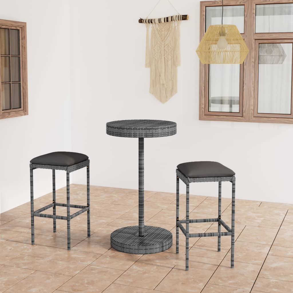 3-delige Tuinbarset met kussens poly rattan grijs – afbeelding 1