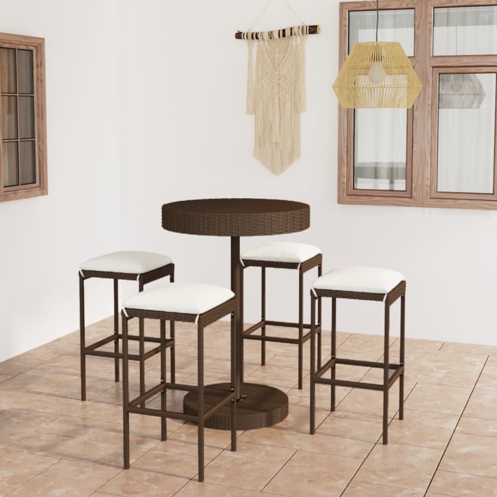 5-delige Tuinbarset met kussens poly rattan bruin