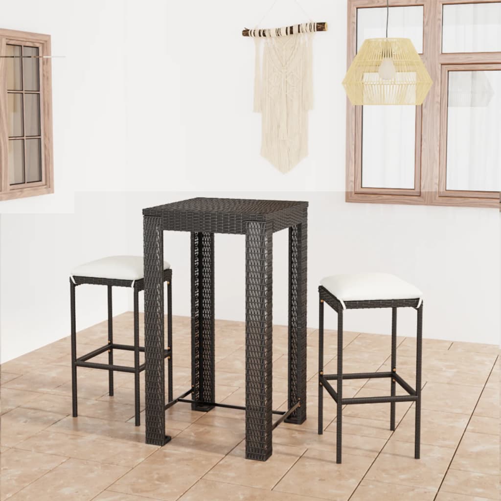3-delige Tuinbarset met kussens poly rattan zwart – afbeelding 1