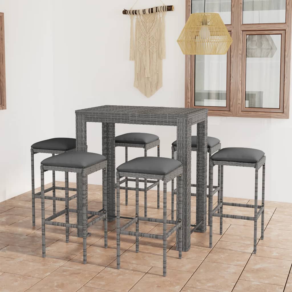 7-delige Tuinbarset met kussens poly rattan grijs – afbeelding 1
