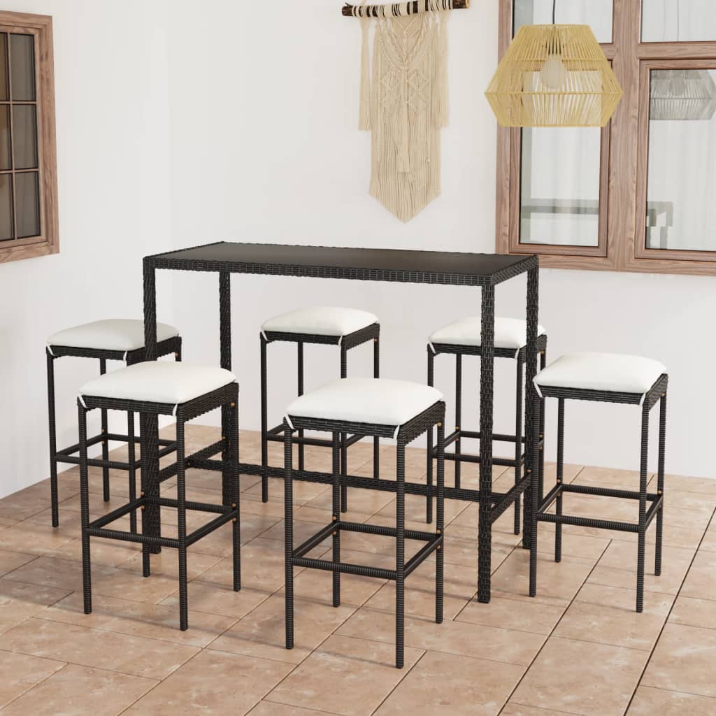 7-delige Tuinbarset met kussens poly rattan zwart – afbeelding 1