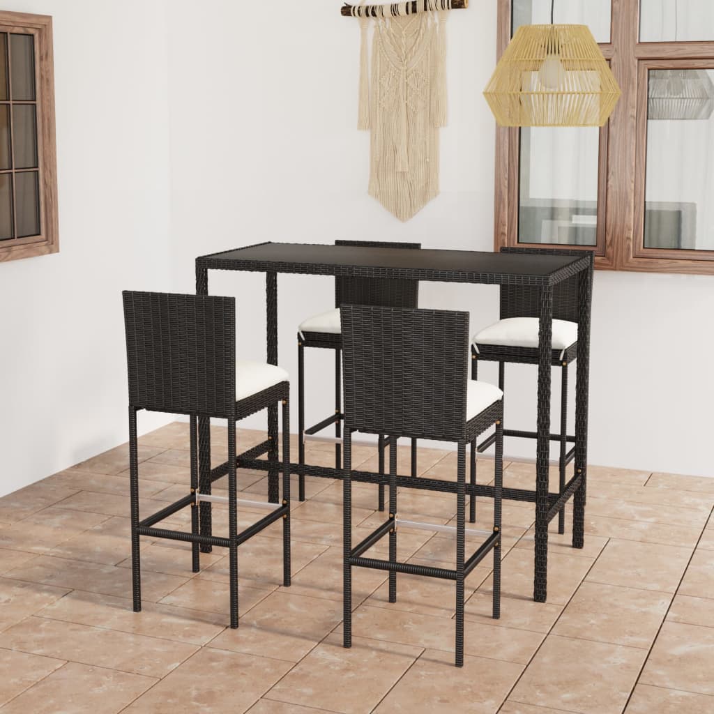 5-delige Tuinbarset met kussens poly rattan zwart – afbeelding 1