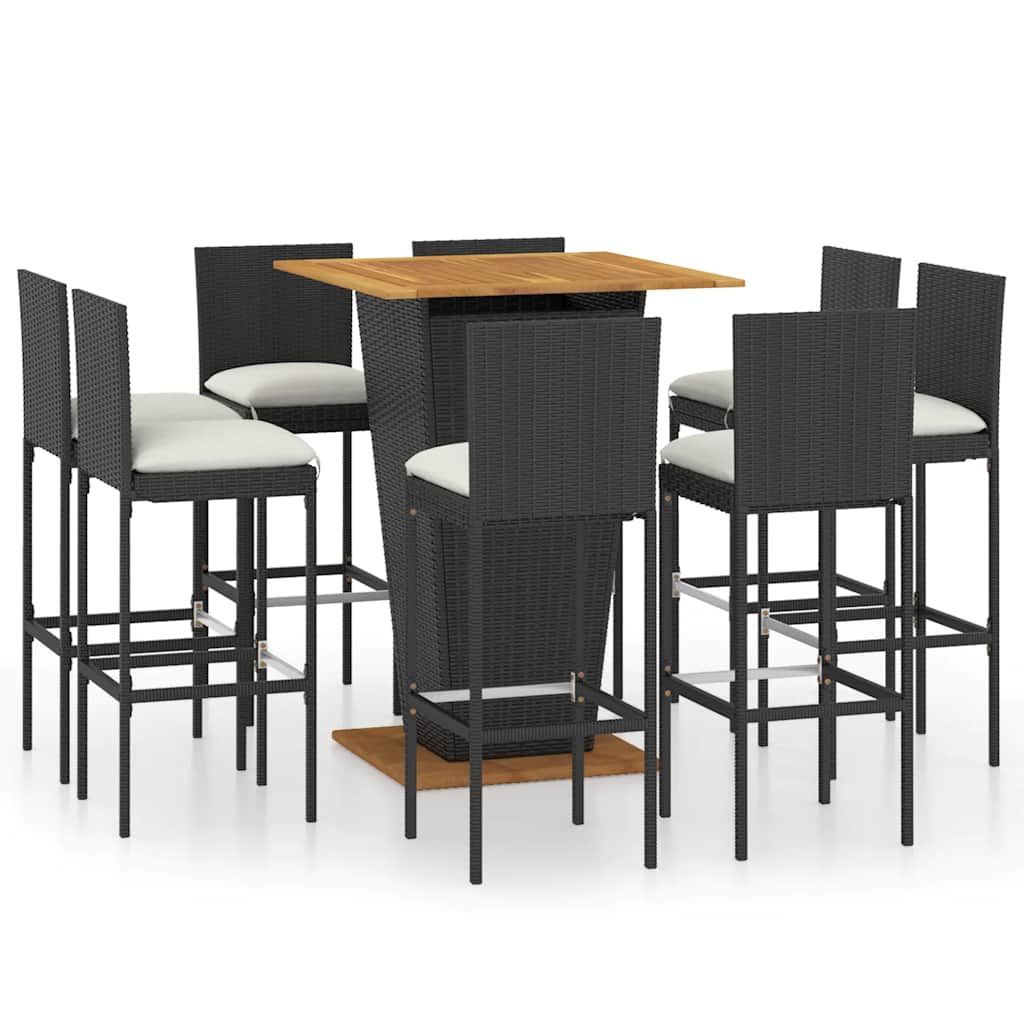 9-delige Tuinbarset met kussens poly rattan zwart – afbeelding 2