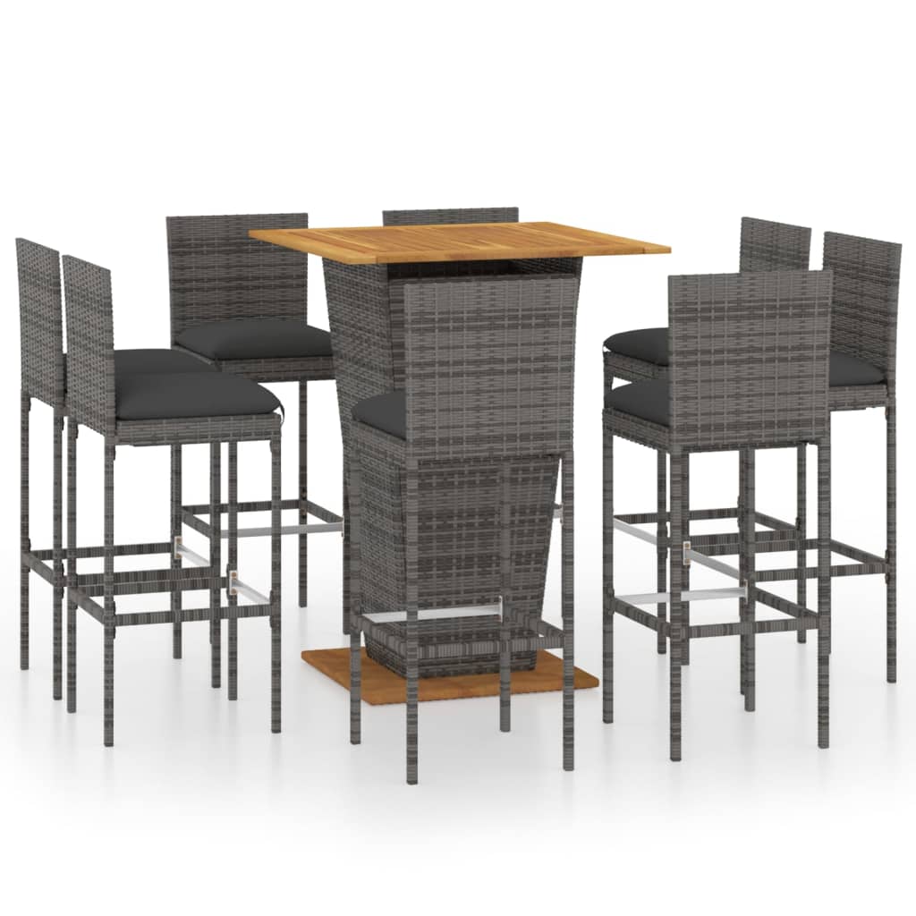 9-delige Tuinbarset met kussens poly rattan grijs – afbeelding 2