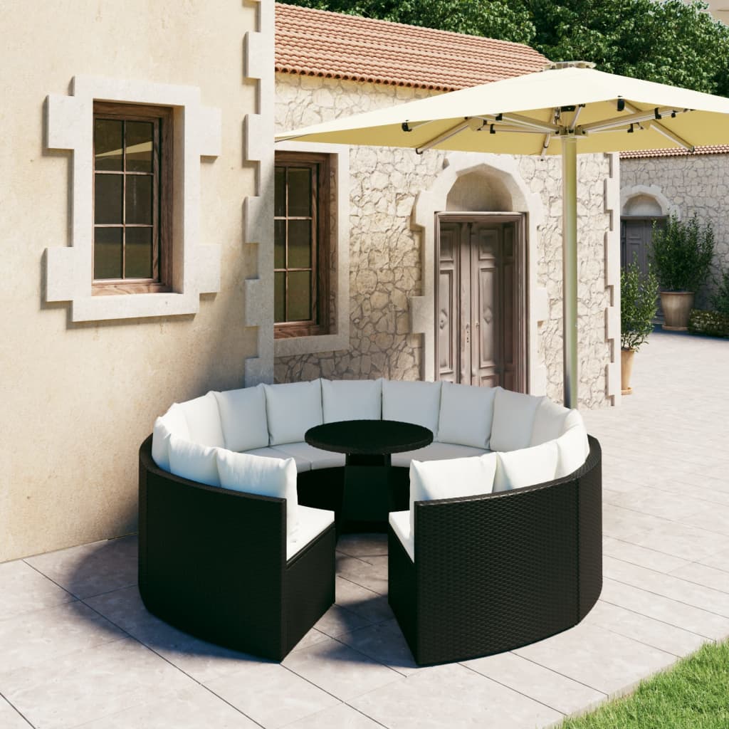 9-delige Loungeset met kussens poly rattan zwart – afbeelding 1