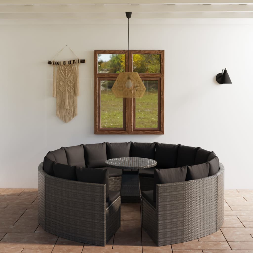 9-delige Loungeset met kussens poly rattan grijs